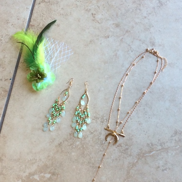 🌺 3PC MOON NECKLACE DANGLE EARRINGS HAIR FLOWER FEATHER BOHO SET BUNDLE GREEN - Picture 8 of 9